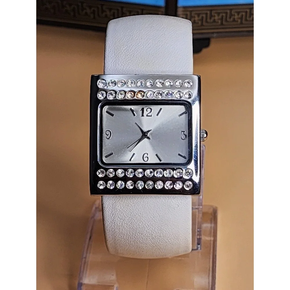Ladies Fashion Quartz Watch White Rhinestone Bangle Cuff New Battery FREE $HIP!!
